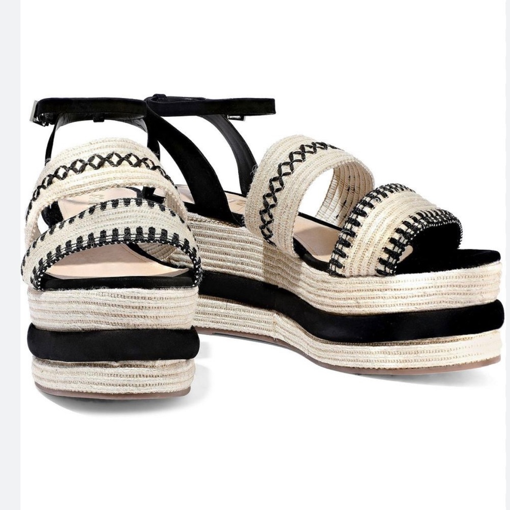 SCHUTZ Platform Espadrille Sandals – Black/Tan Woven Raffia | Size 8.5